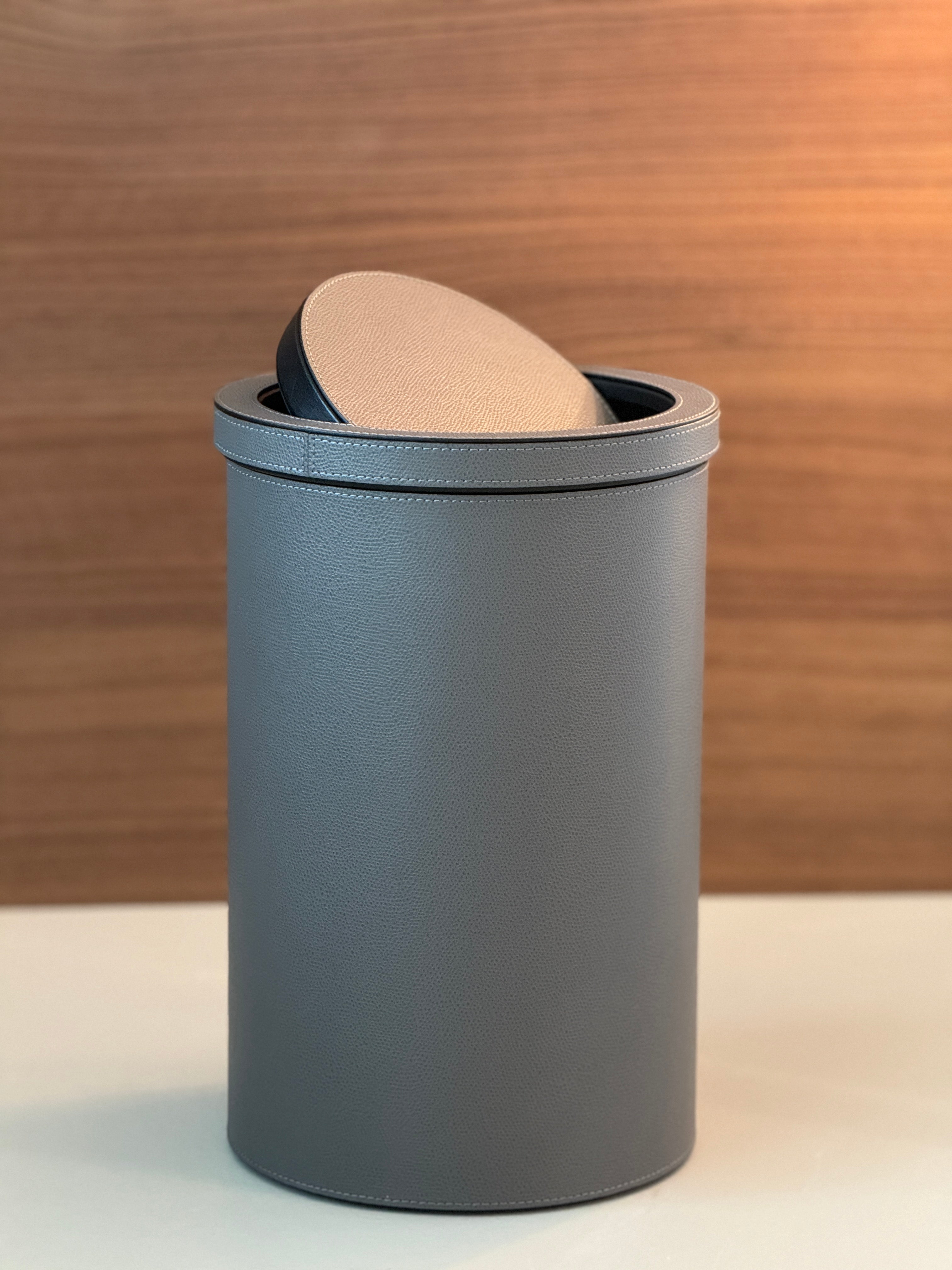 Tilting Lid Bin in Grey Grained Leather